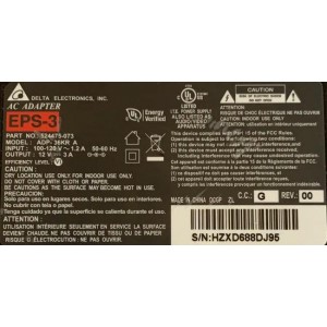 ADAPTADOR DELTA VCA EPS-3 / NUMERO DE PARTE 524475-073 / MODELO ADP-36KR A / ENTRADA VCA 100-120V～1.2A 50-60Hz / SALIDA VCD 12V-3A	